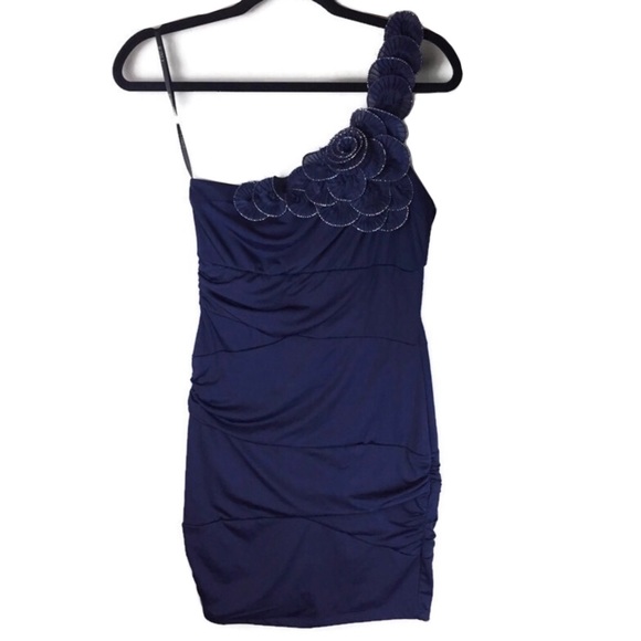 B Darlin One Shoulder Metallic Rosette Ruched Navy Mini Dress Size 11/12 - Picture 1 of 7
